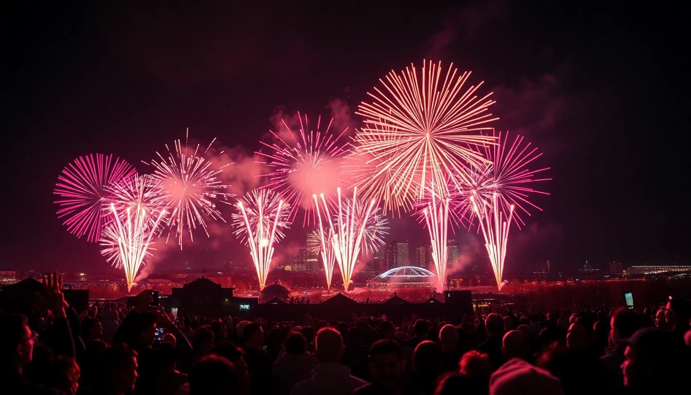 Experience Manchester fireworks illuminating the night sky with vibrant colors and an energetic crowd.