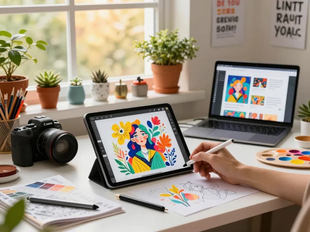 Artist using nano banana ai on a tablet in a vibrant digital workspace, surrounded by artwork and inspiration.