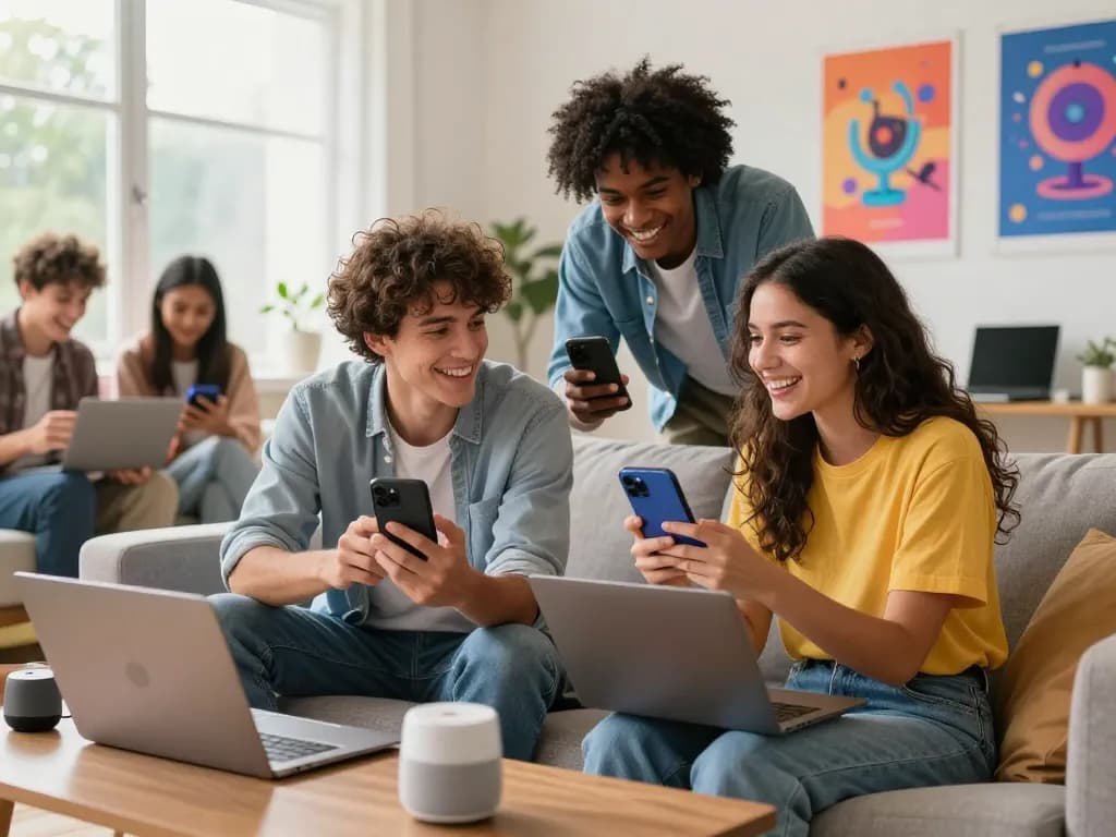 Friends engaging with sex chat AI on devices in a cozy living room