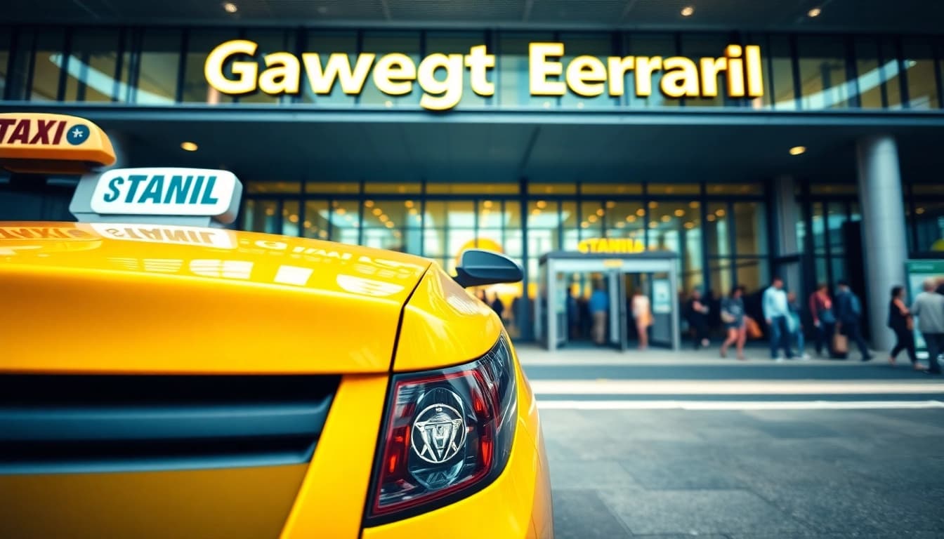 Taxi at Gatwick Airport terminal, emphasizing travel convenience and modernity.