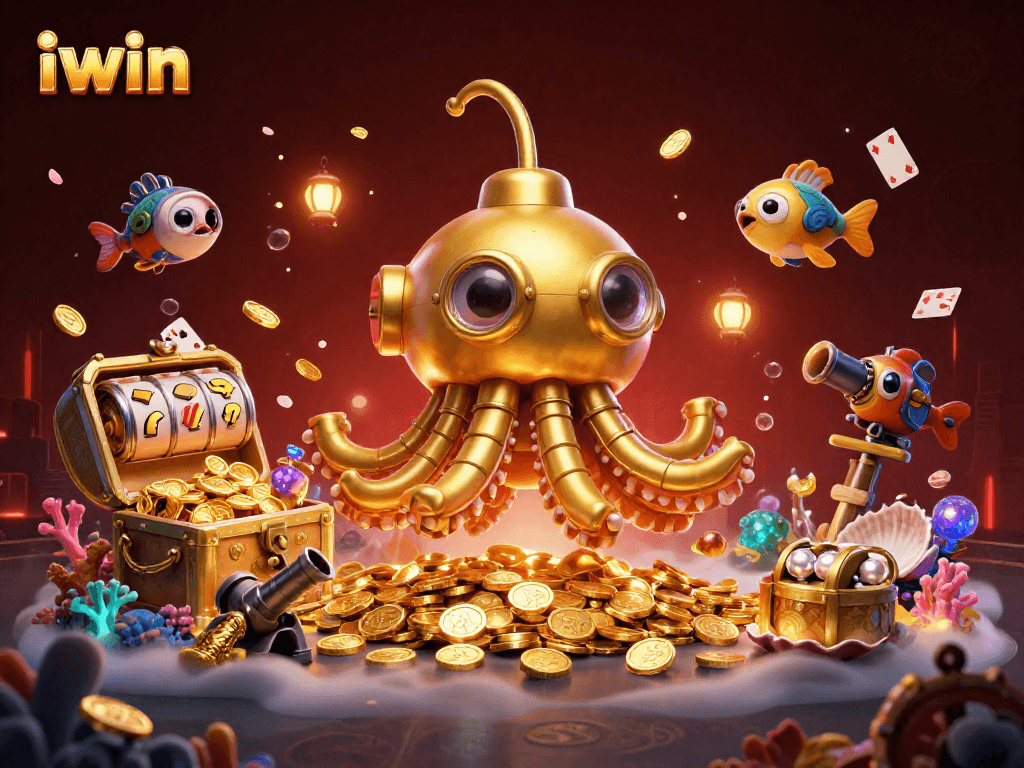 Iwin invites players to win in a colorful slot adventure featuring a golden kraken and treasures