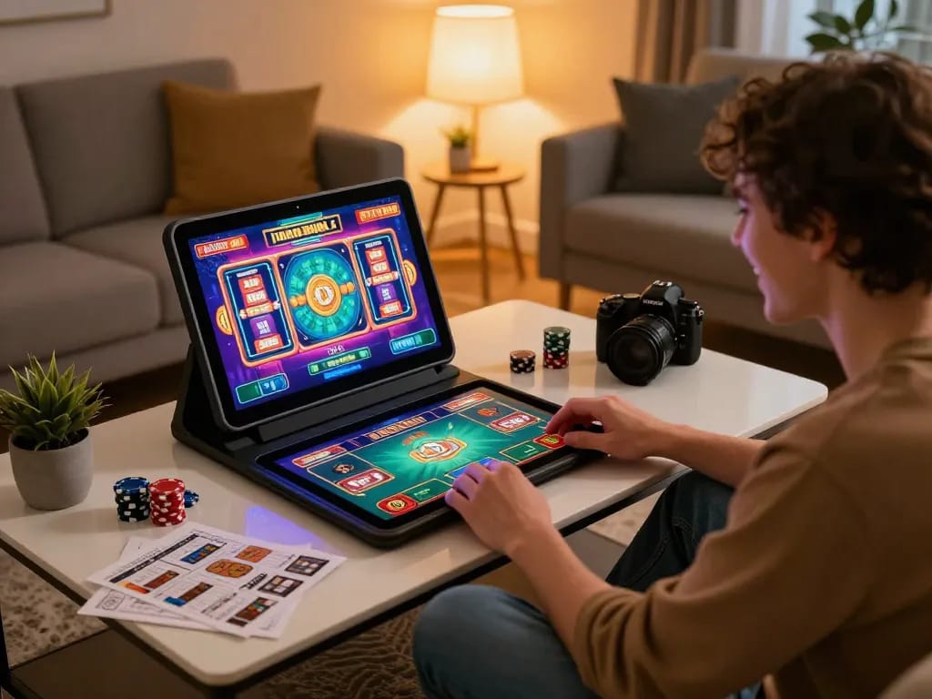 Player enjoying a slot machine game on a tablet at home while exploring jun88 online casino.