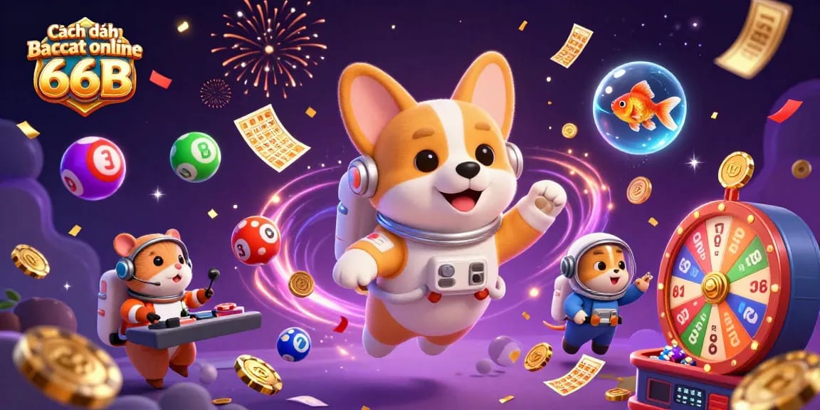 Experience Cách đánh Baccarat online 66B in a vibrant space casino scene with fun characters and immersive elements.