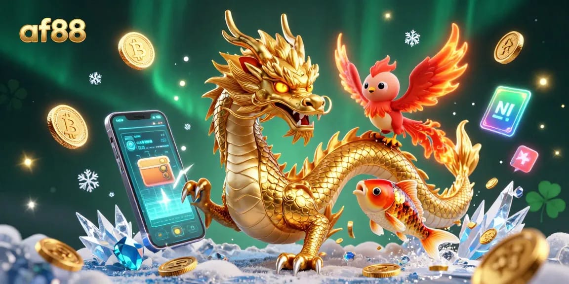 Win big at af88 with a fierce golden dragon, phoenix, and koi fish amidst floating coins.