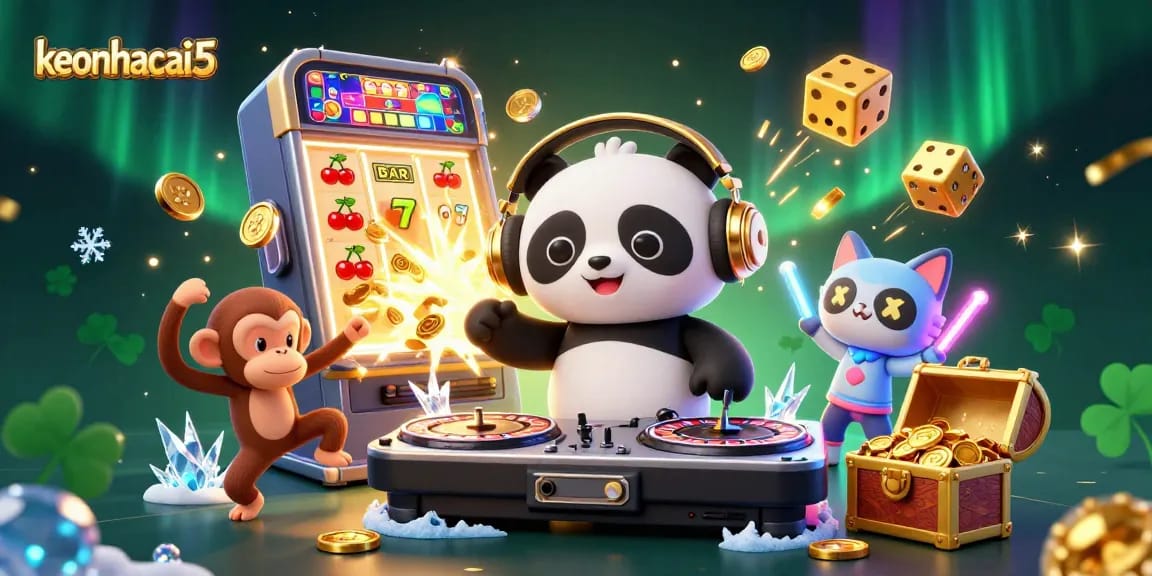 Engage with keonhacai5's vibrant casino scene featuring a DJ panda and breakdancing monkey, immersing in colorful gaming elements.