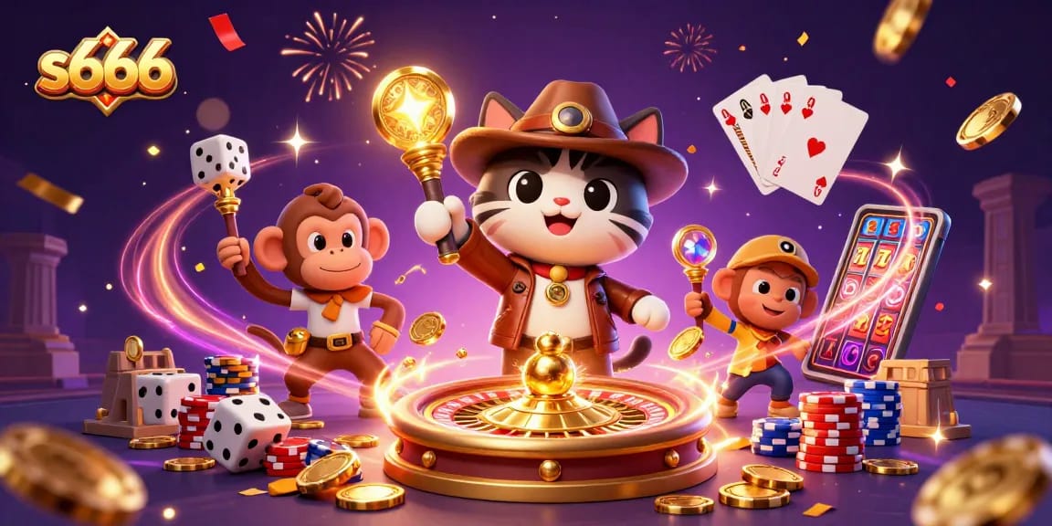 A thrilling scene with the s666 explorer cat and monkey discovering casino treasures amid flying coins and jackpots.