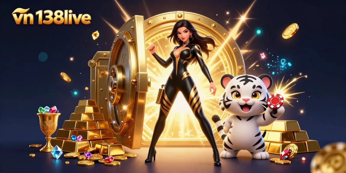 Engage in thrilling bets at vn138live with a stunning woman in a black catsuit and vibrant casino elements.