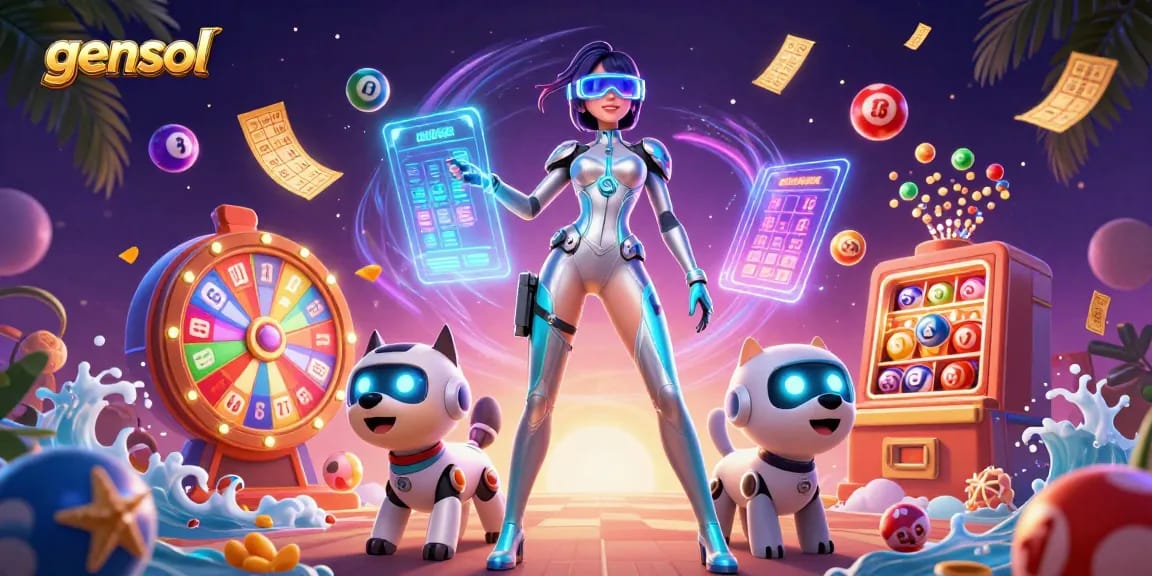 Experience exciting gameplay with gensol's vibrant lottery and casino elements in this engaging 3D illustration.