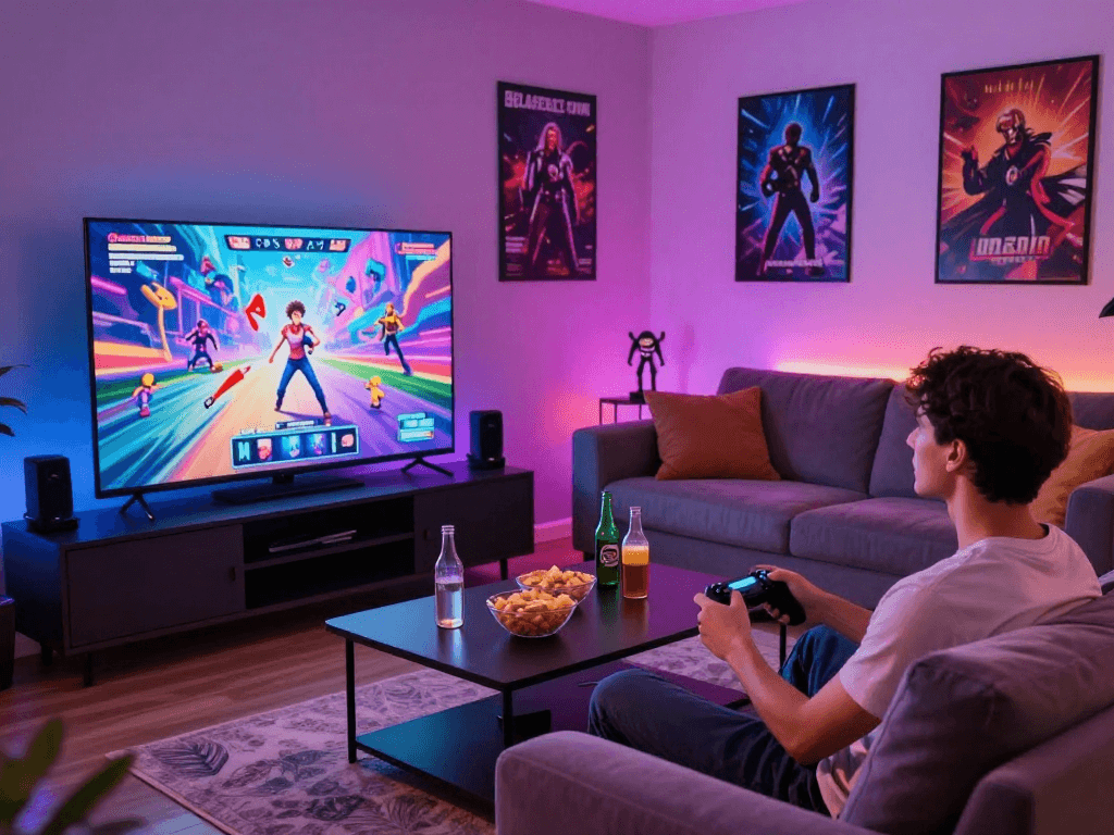 Couple enjoying interactive porn games in a vibrant gaming setup.