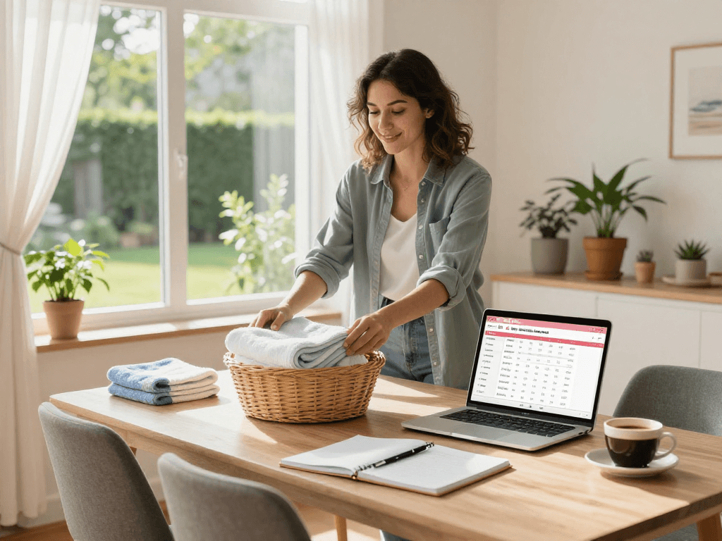 Airbnb host preparing with airbnb host fees calculator on a laptop, fresh towels on a table, bright welcoming atmosphere.