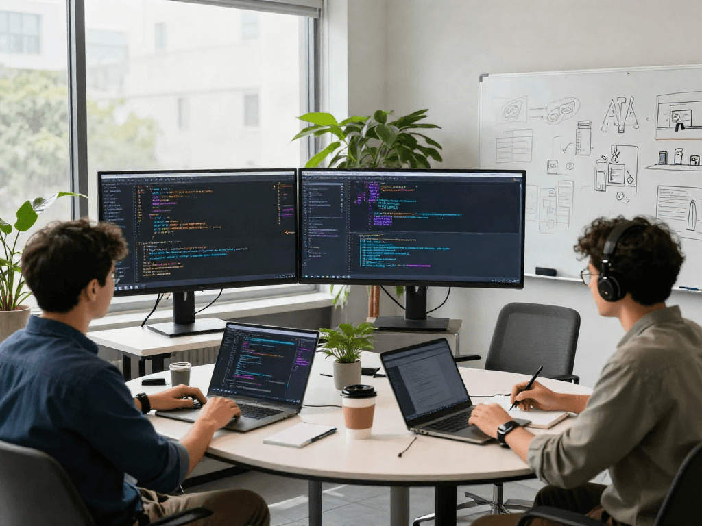 Developers collaborating on juicy AI projects in a modern office.