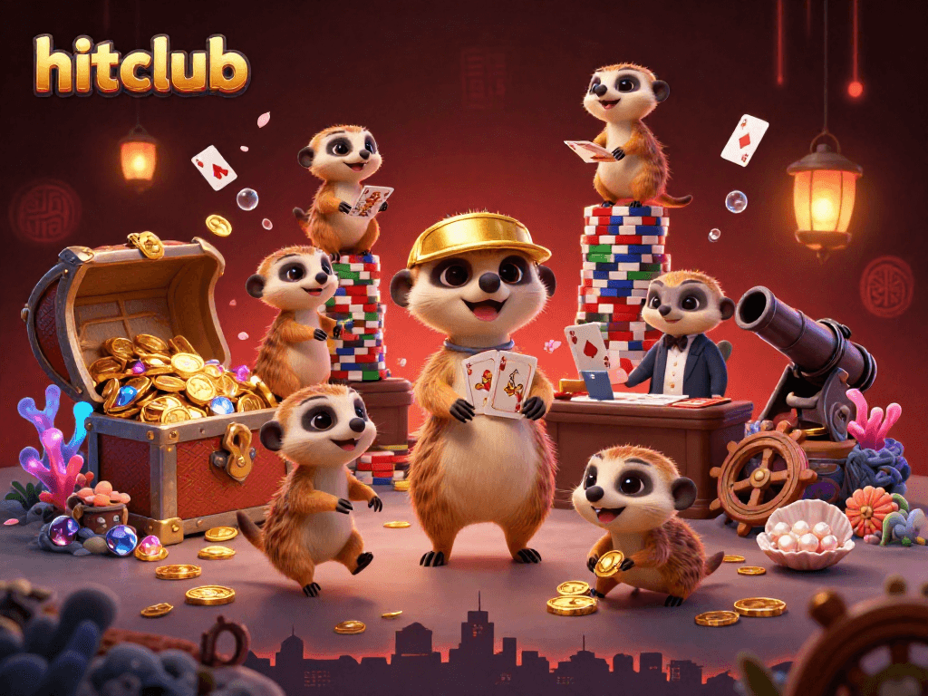 Hitclub's meerkat casino crew in an explosion of gold, surrounded by underwater treasures and vibrant game elements.