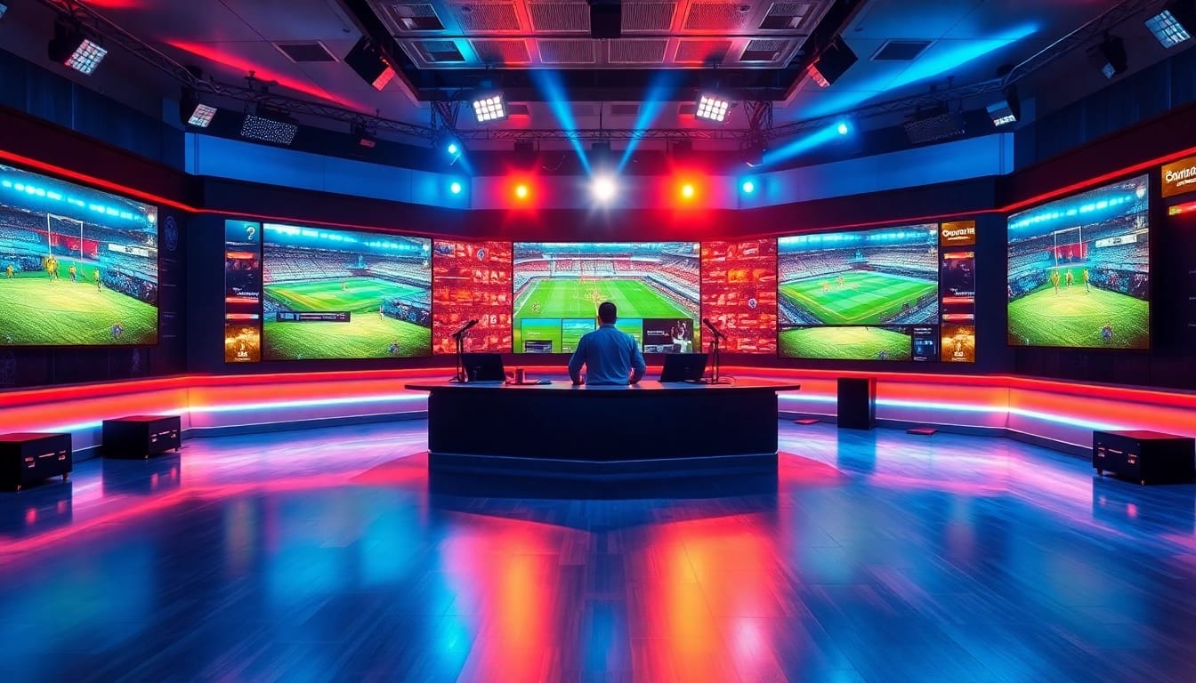 Dynamic sports broadcasting studio with a commentator engaged in live coverage.