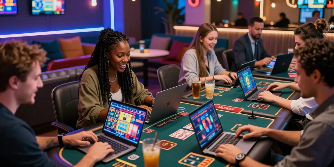 Exciting atmosphere of players enjoying games at credit card casinos with vibrant graphics and modern lounge setting.