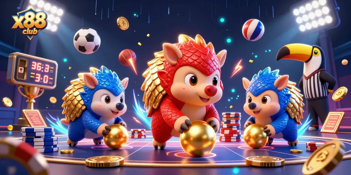 x88 club rivals compete in a cartoon showdown with poker chips flying and a toucan referee.