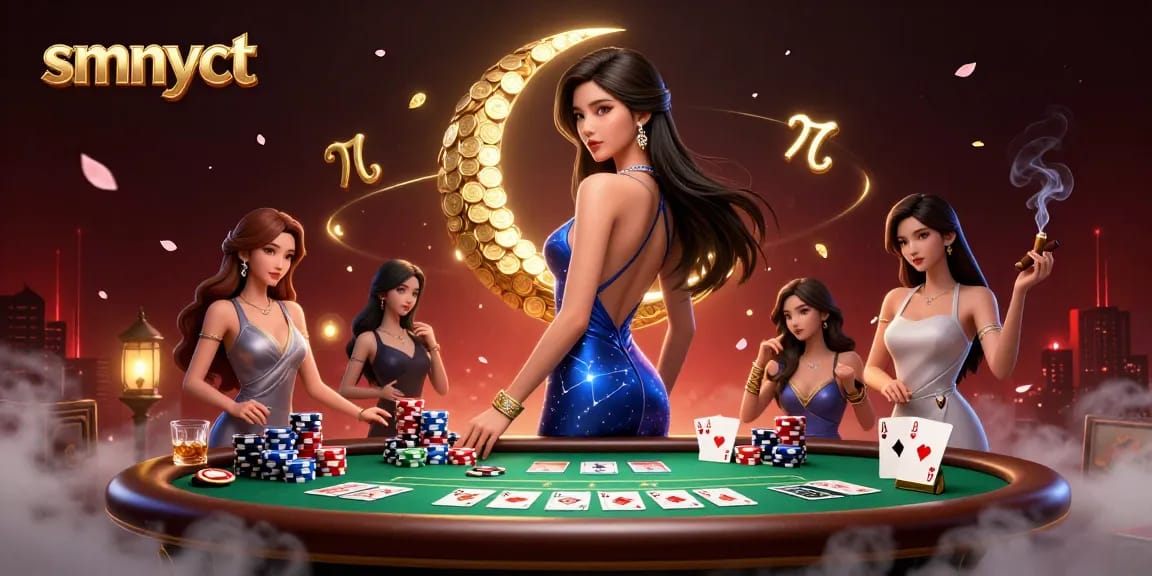 Win big with smnyct at the glamorous poker table, featuring a sophisticated Asian woman and vibrant gaming elements.