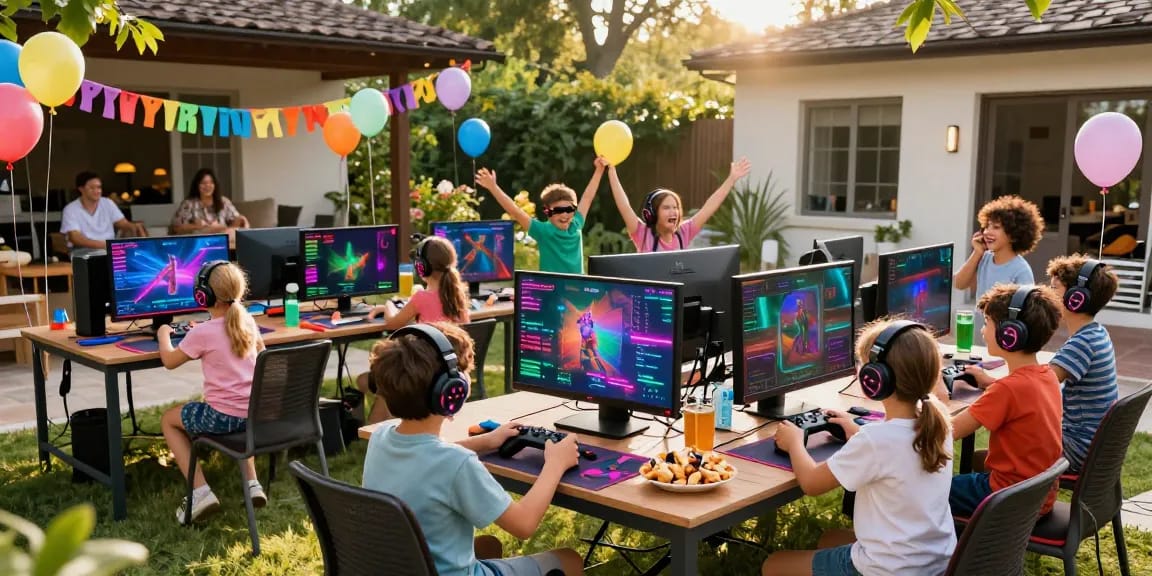 Children enjoying a gaming party London with consoles, laughter, and vibrant decorations.