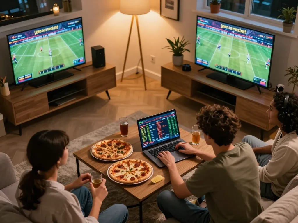 Person engaging in sports betting on the 678vip homepage from a cozy home setup, laptop screens showing live odds.