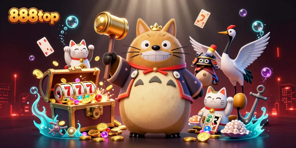 Experience thrilling games at 888top with a colorful casino scene featuring a cheerful tanuki and lucky elements.
