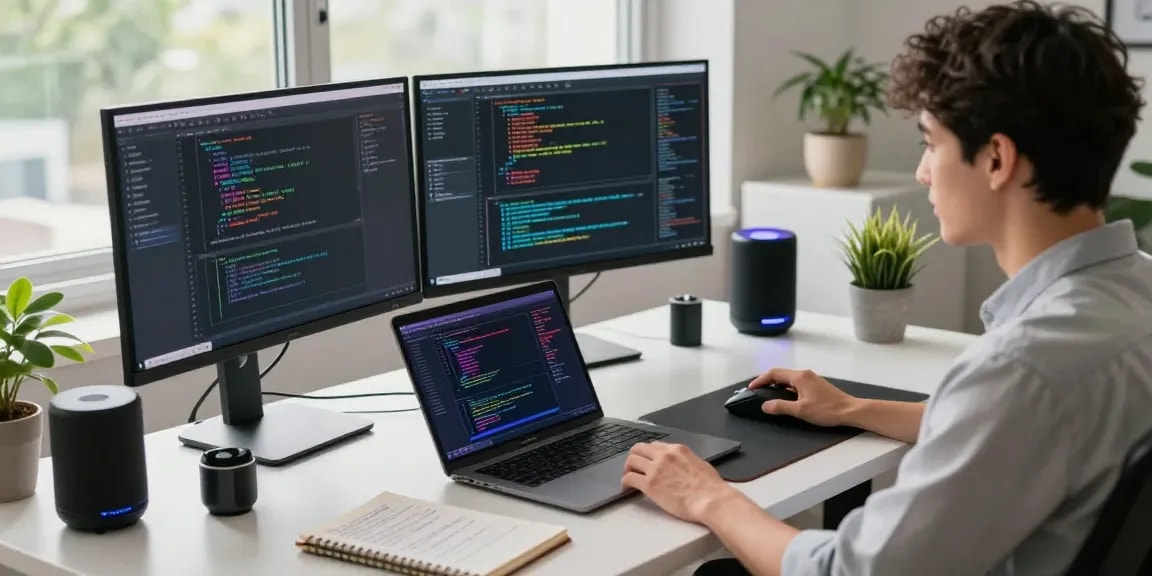 Youthful programmer deeply engaged in coding with 18+ ai tech in a modern workspace.