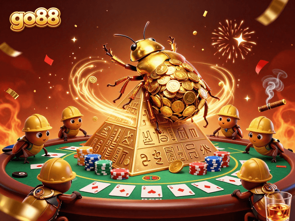 Experience the excitement of go88 with a vibrant casino scene filled with golden coins and poker elements.