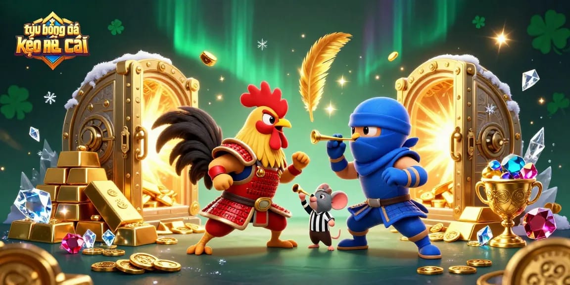 Betting on tỷ lệ bóng đá kèo nhà cái: Fighting roosters in a vibrant 3D casino scene.