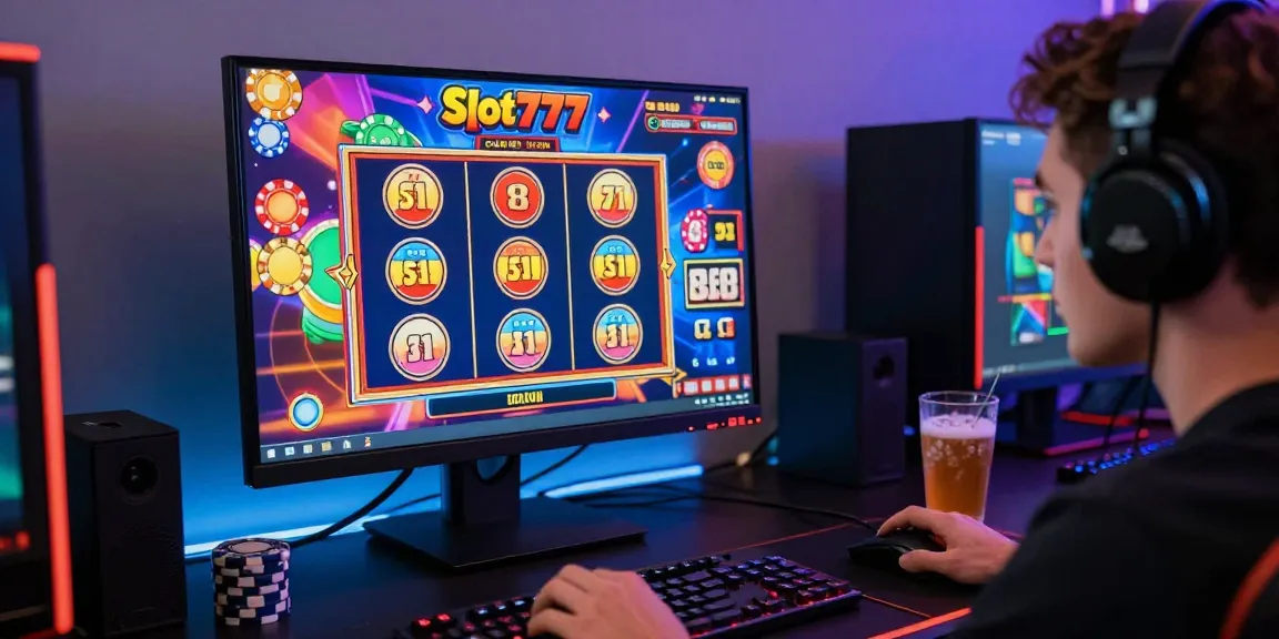Player enjoying link slot gacor on a vibrant gaming setup, showcasing excitement in online slots.