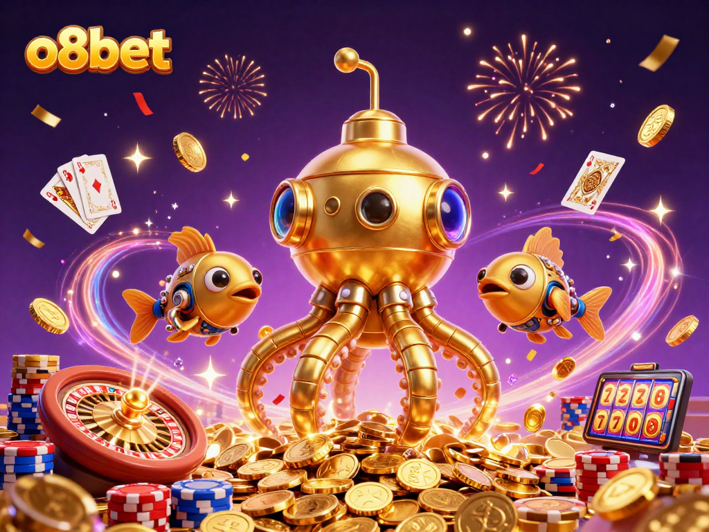 Experience excitement with o8bet's vibrant casino scene, featuring golden kraken submarine and festive elements.