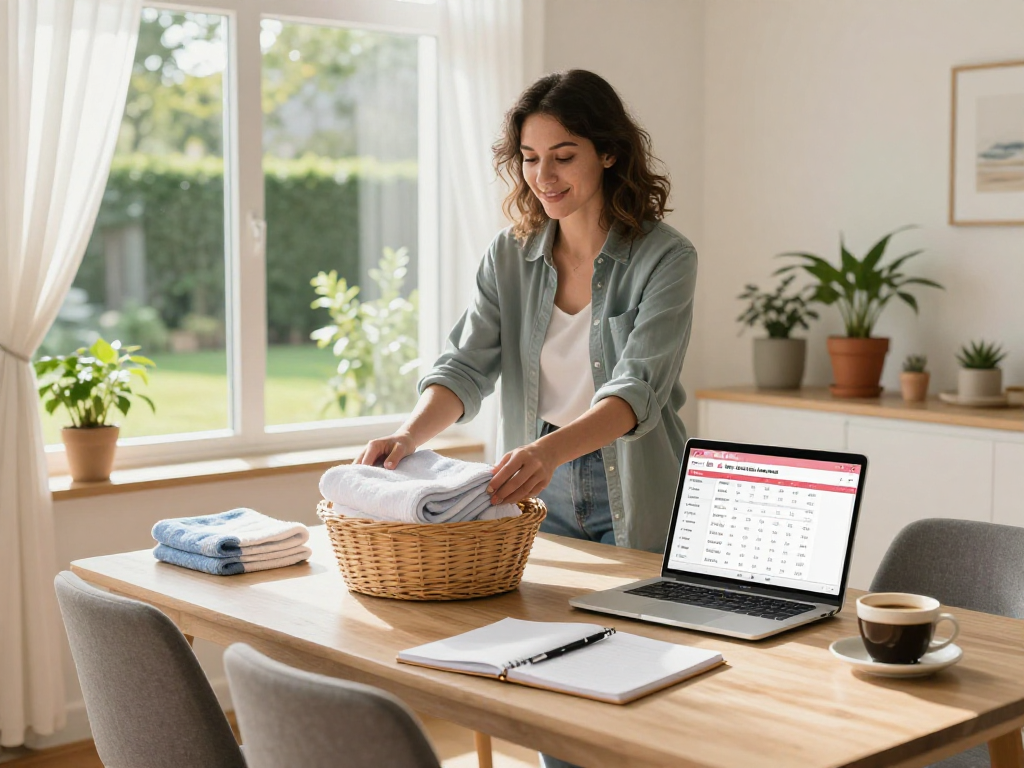 Airbnb host preparing with airbnb host fees calculator on a laptop, fresh towels on a table, bright welcoming atmosphere.