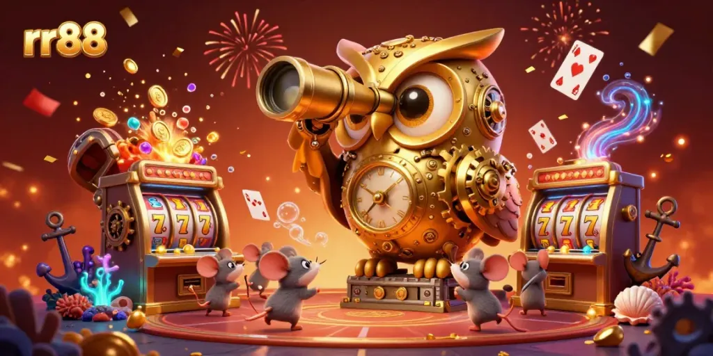 Experience the thrill of rr88 with a golden owl scanning a bustling casino floor filled with vibrant treasures.