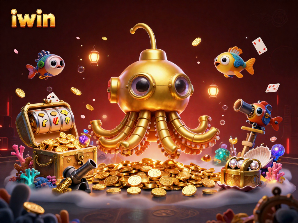 Iwin invites players to win in a colorful slot adventure featuring a golden kraken and treasures