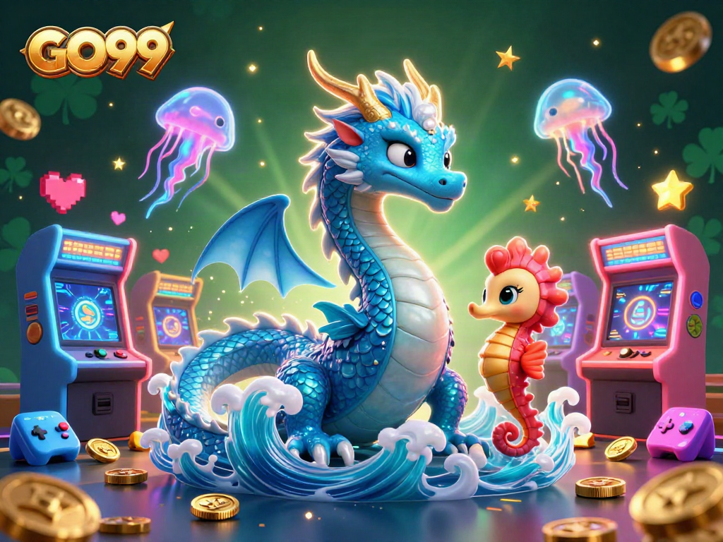 Engage with GO99's thrilling gaming world featuring a majestic dragon and neon elements.