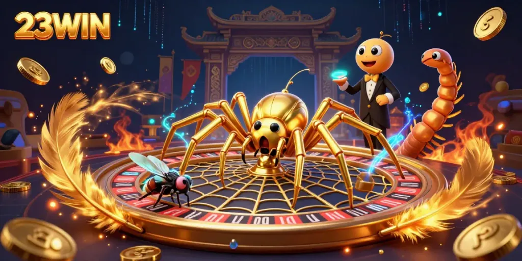 Place bets with 23WIN in a dynamic casino scene featuring a roulette wheel and characters.
