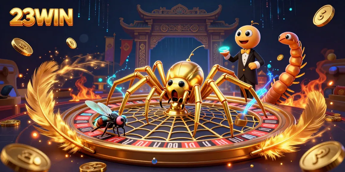 Place bets with 23WIN in a dynamic casino scene featuring a roulette wheel and characters.