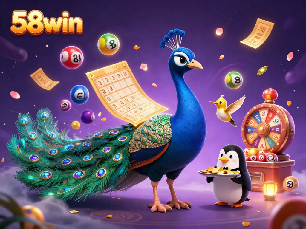 Experience the excitement of 58win with a vibrant 3D casino scene showing a peacock, penguin, and hummingbird amidst lottery elements.