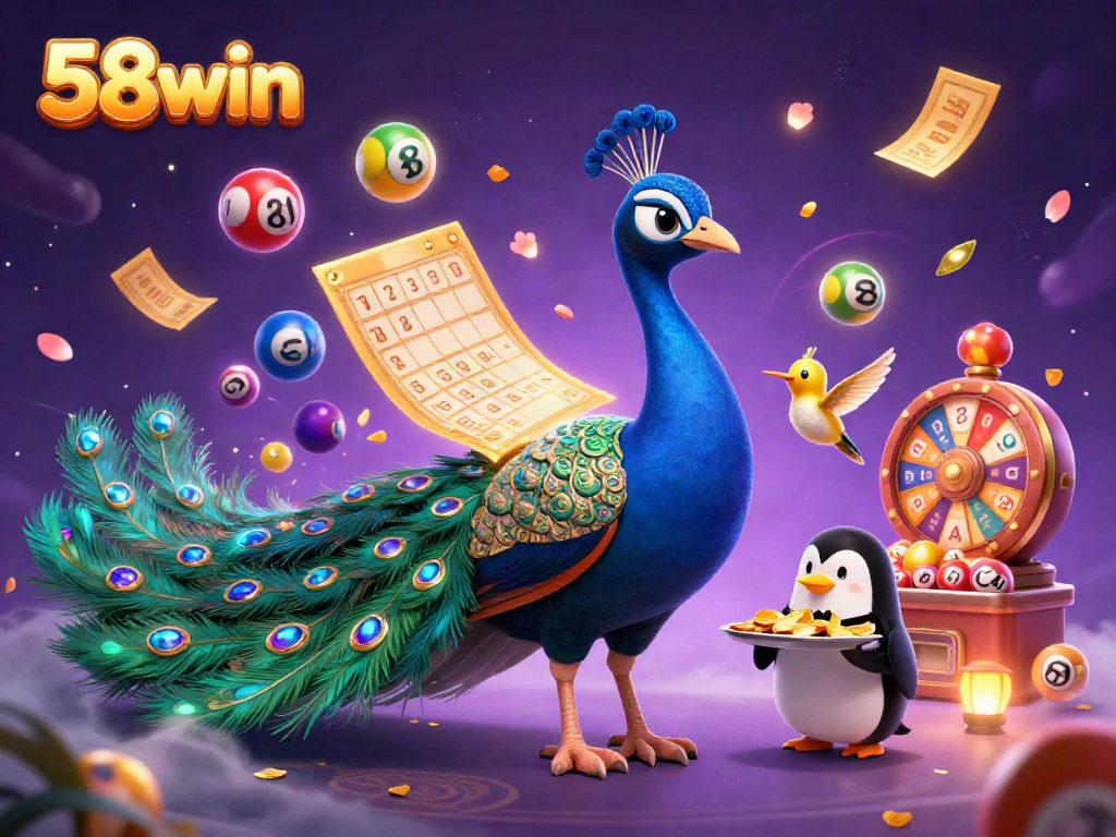 Experience the excitement of 58win with a vibrant 3D casino scene showing a peacock, penguin, and hummingbird amidst lottery elements.