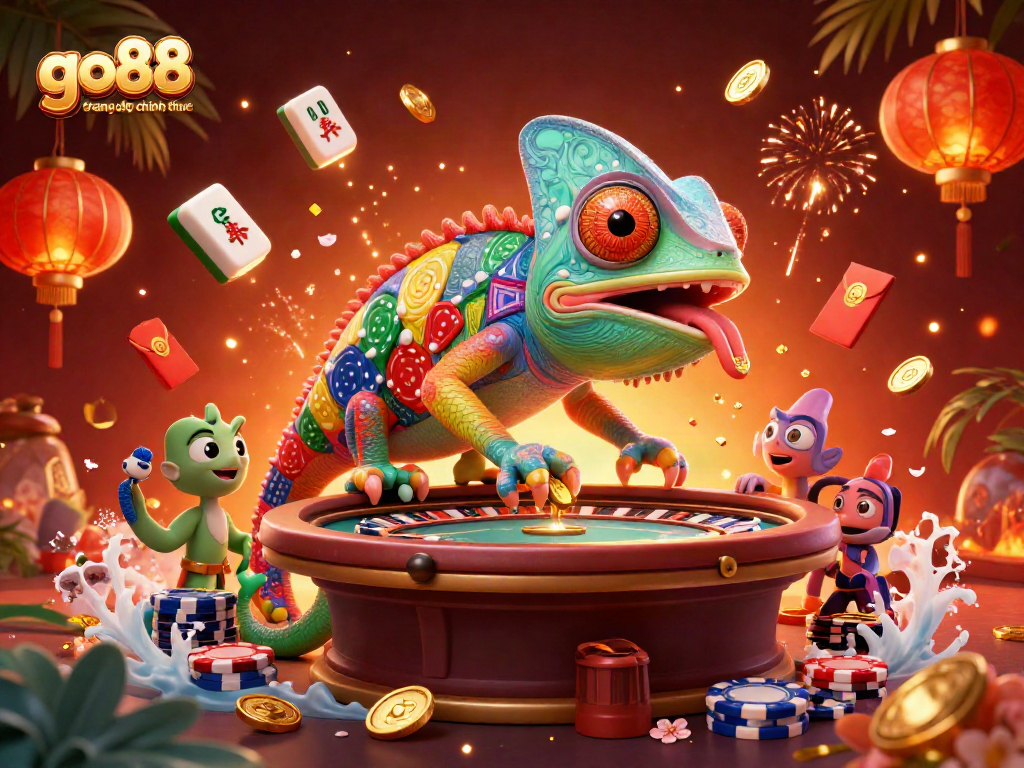 Engaging 3D illustration representing go88 trang chu chinh thuc with vibrant casino elements and characters.