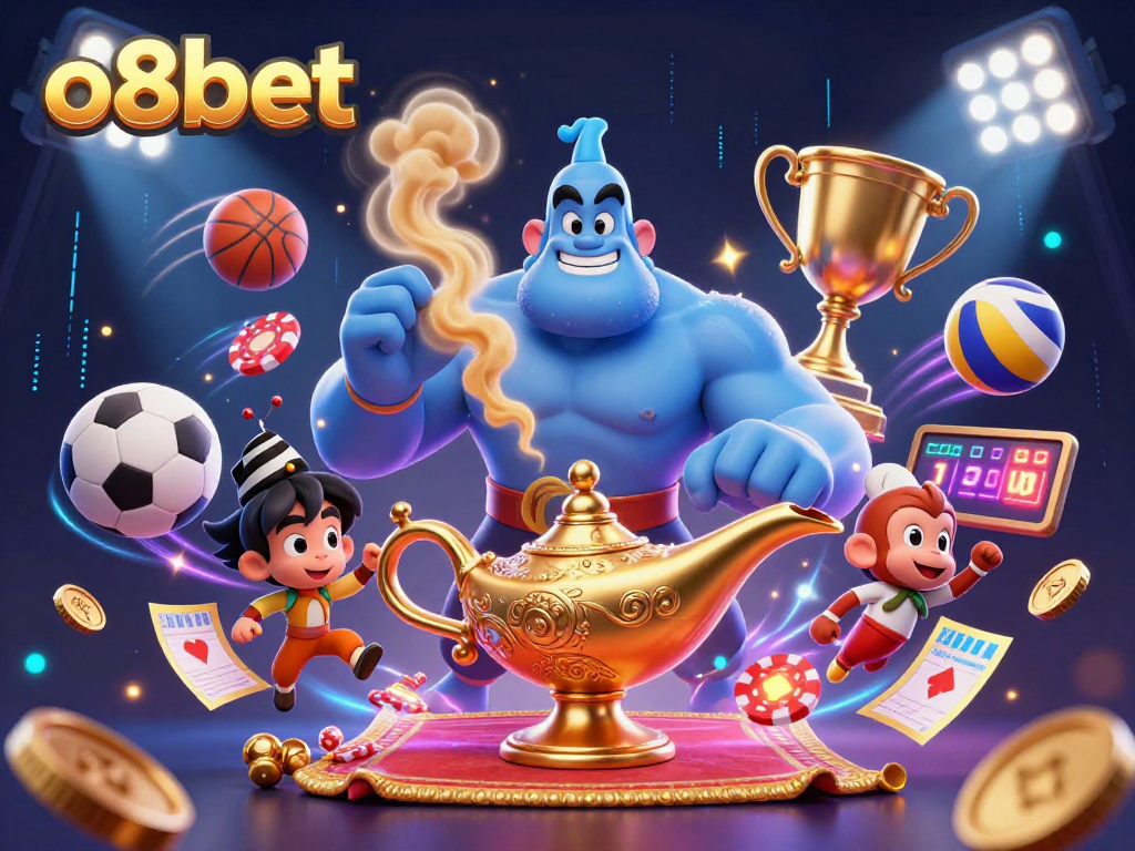 Experience the exciting world of o8bet with vibrant characters including a genie, monkey, and poker chips.