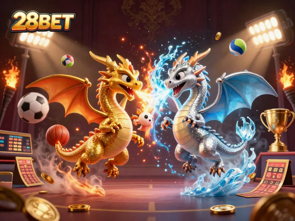 Engage with dynamic sports betting action at 28BET featuring gold and silver dragons in epic battle.