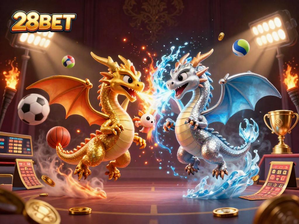 Engage with dynamic sports betting action at 28BET featuring gold and silver dragons in epic battle.