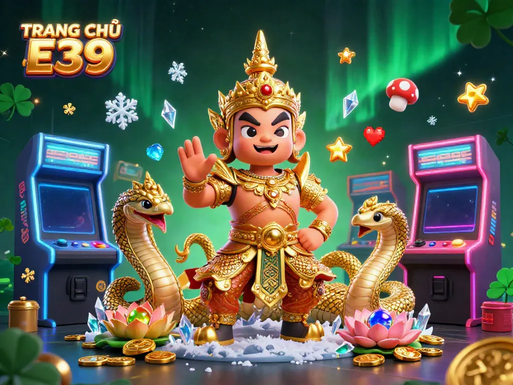 Engage players with TRANG CHỦ E39 featuring vivid 3D characters, retro gaming elements, and casino symbols.