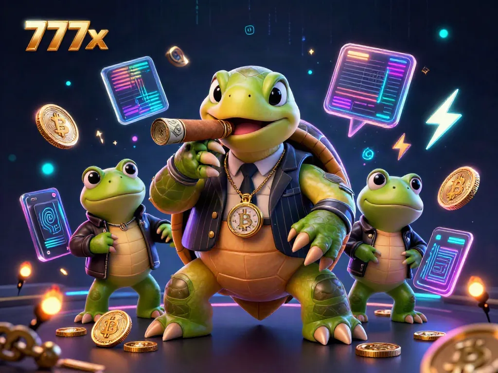 This vibrant 3D illustration of 777x showcases a cartoon turtle mobster amidst Bitcoin and Ethereum coins, capturing the excitement of online gambling.