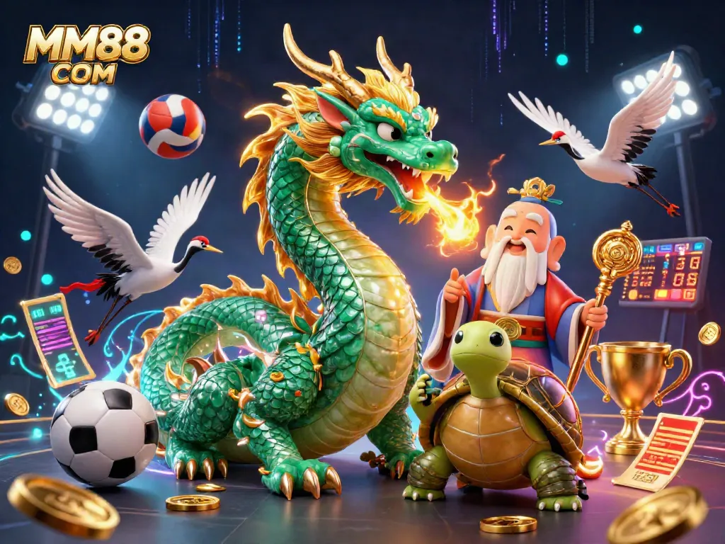 Experience dynamic sports action with MM88 COM in this vibrant 3D casino illustration featuring a dragon, turtle, and lucky cranes.