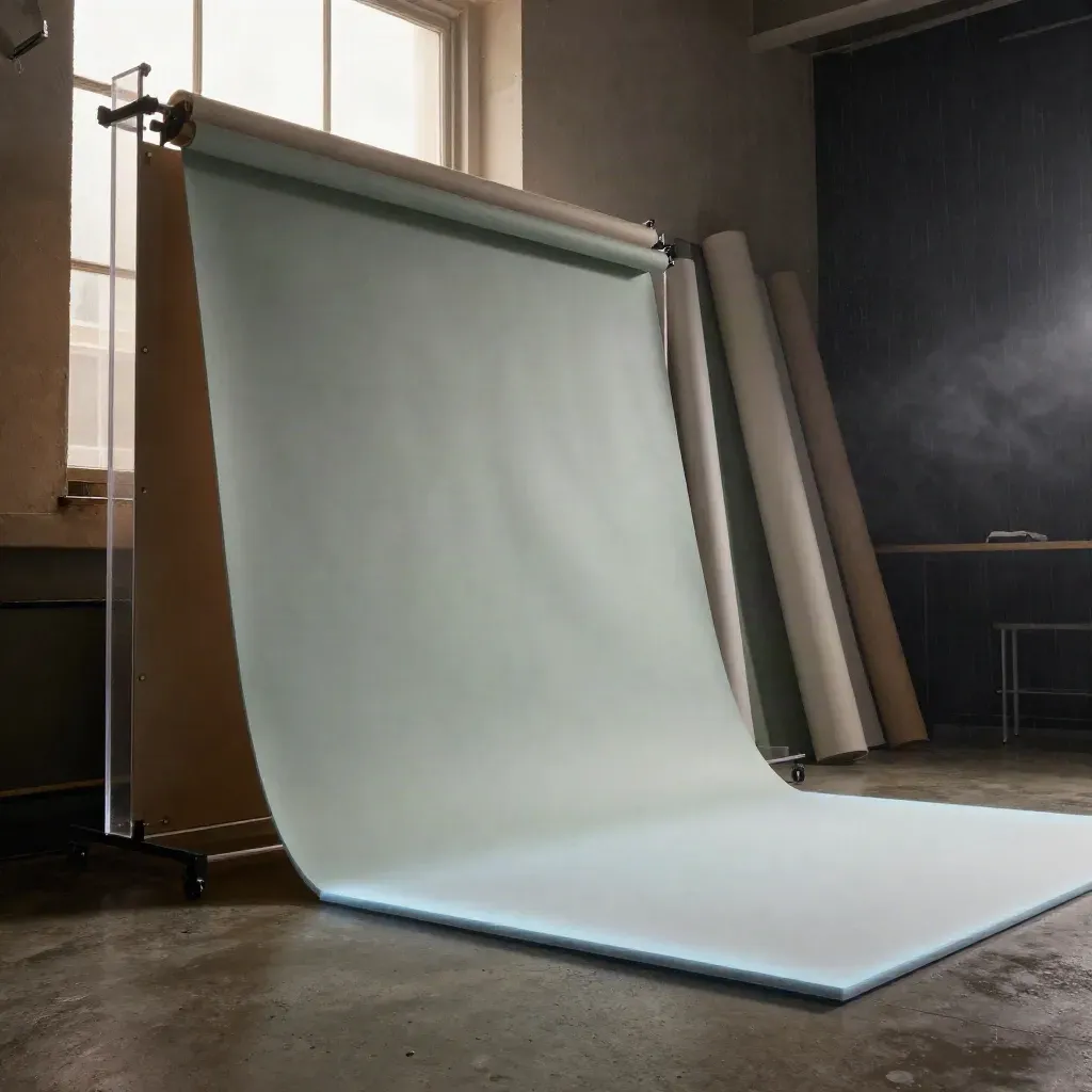 Moody studio set with glowing panel, foam boards, acrylic frames and backdrop paper after rain.
