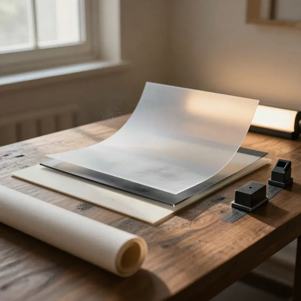 Motion-design still life with acrylic layers, tracing paper and a light box in warm window light.