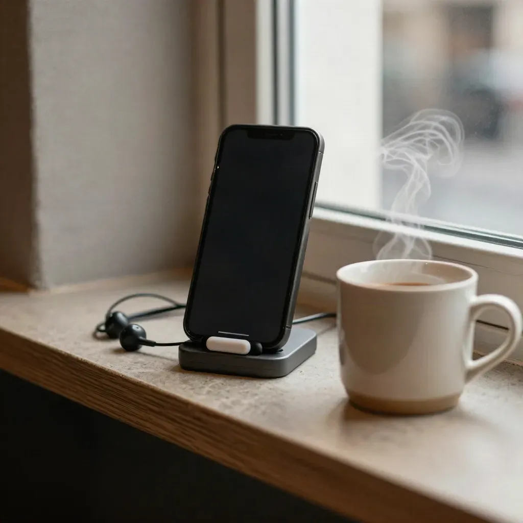 Portrait phone in a charcoal stand with earbuds, steaming mug and LED puck in a quiet café corner.