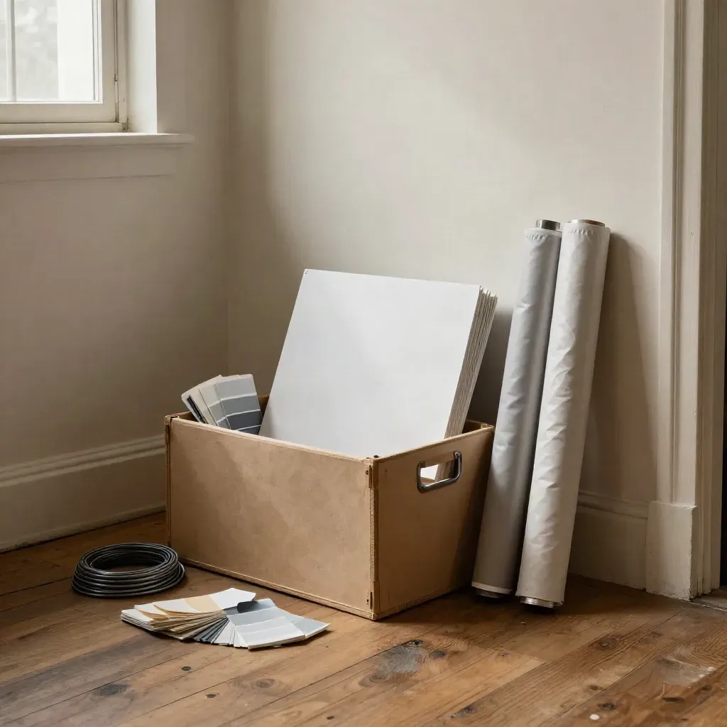 Open crate with mockups, swatch deck, cable ties, and rolled banners in a warm studio doorway.