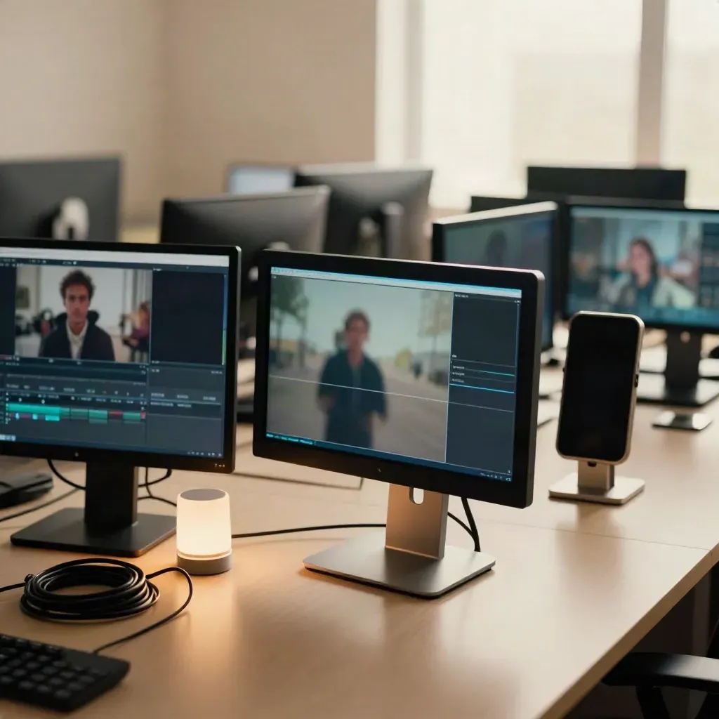 Diagonal edit-suite screens and phone frames with blue glow, cable coil, and light puck.
