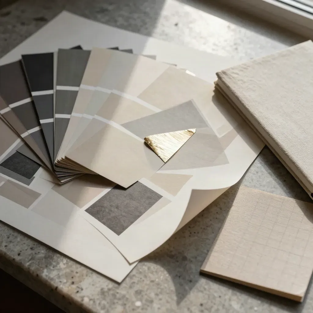 Top-down macro of a brand system spread, swatches, foil chips, and notebook on travertine.