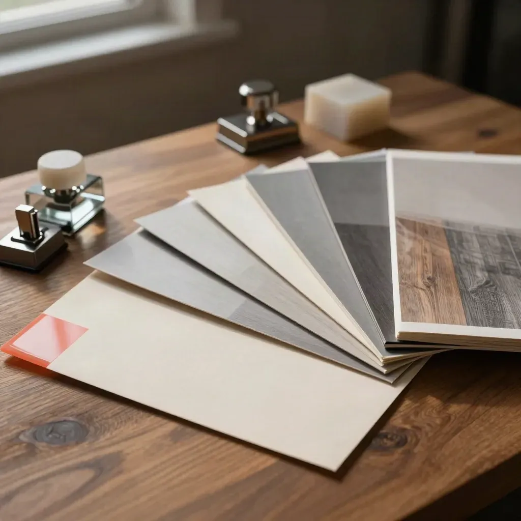 Fanned ad proofs, metal clips, and paperweights on walnut with soft haze and coral accent.